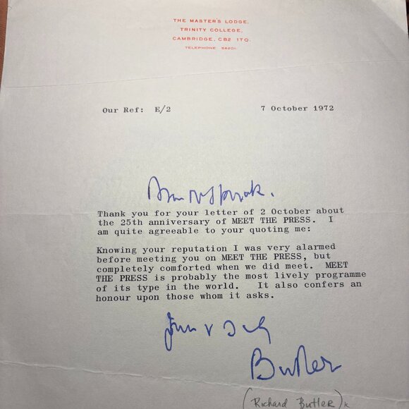 Richard Butler Autograph Signed Letter Master Trinity College Cambridge 1972 - Picture 1 of 1